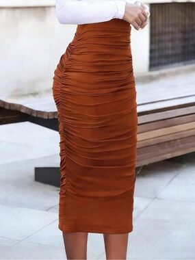 Women's Knitted Ruched Pencil Skirt-A Simple, Elegant, Mid-Length Style